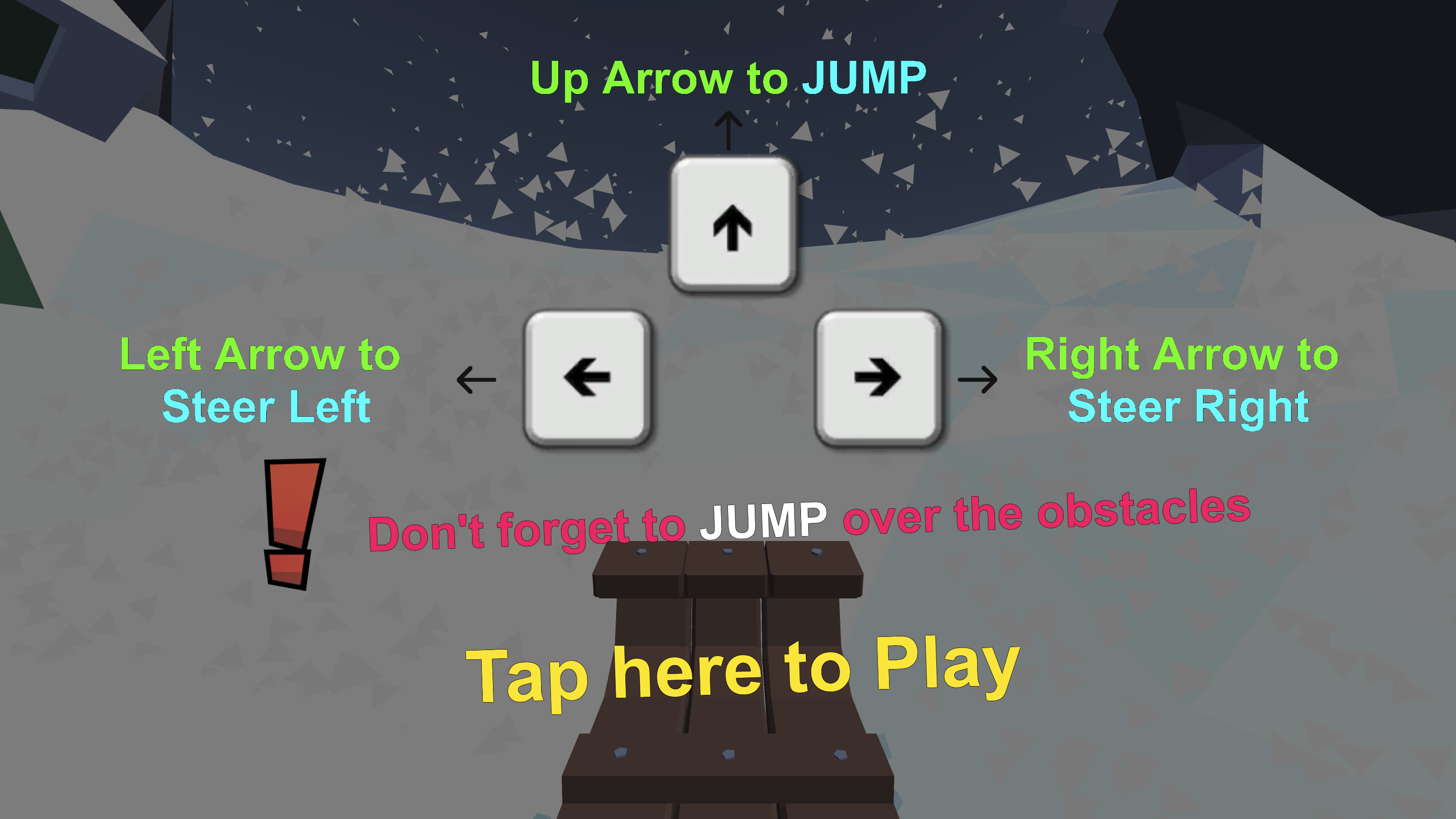 Snow Rider 3D tutorial showing arrow-key steering and jumping controls